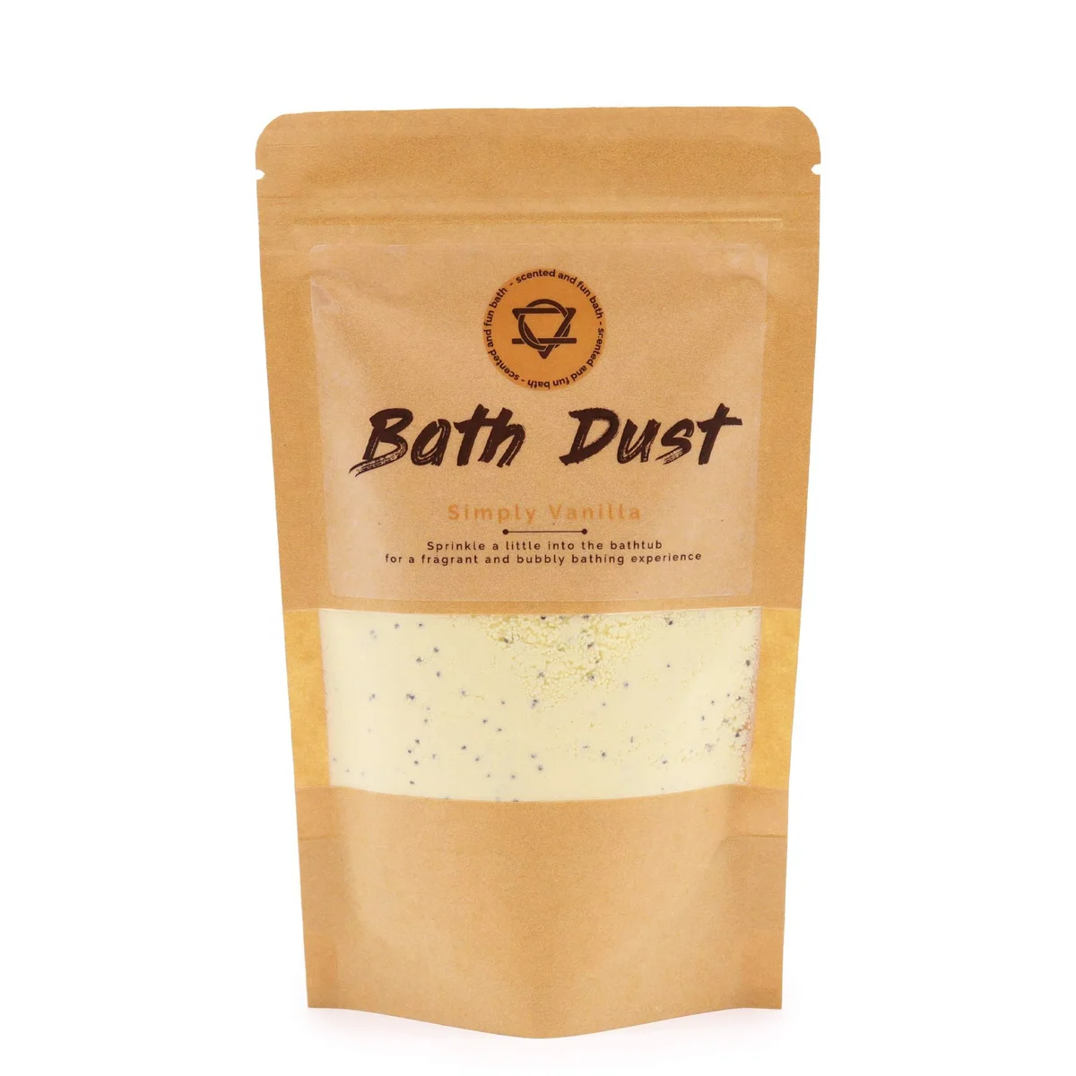 Simply Vanilla Bath Dust 190g container with vanilla bath dust powder inside on a white background