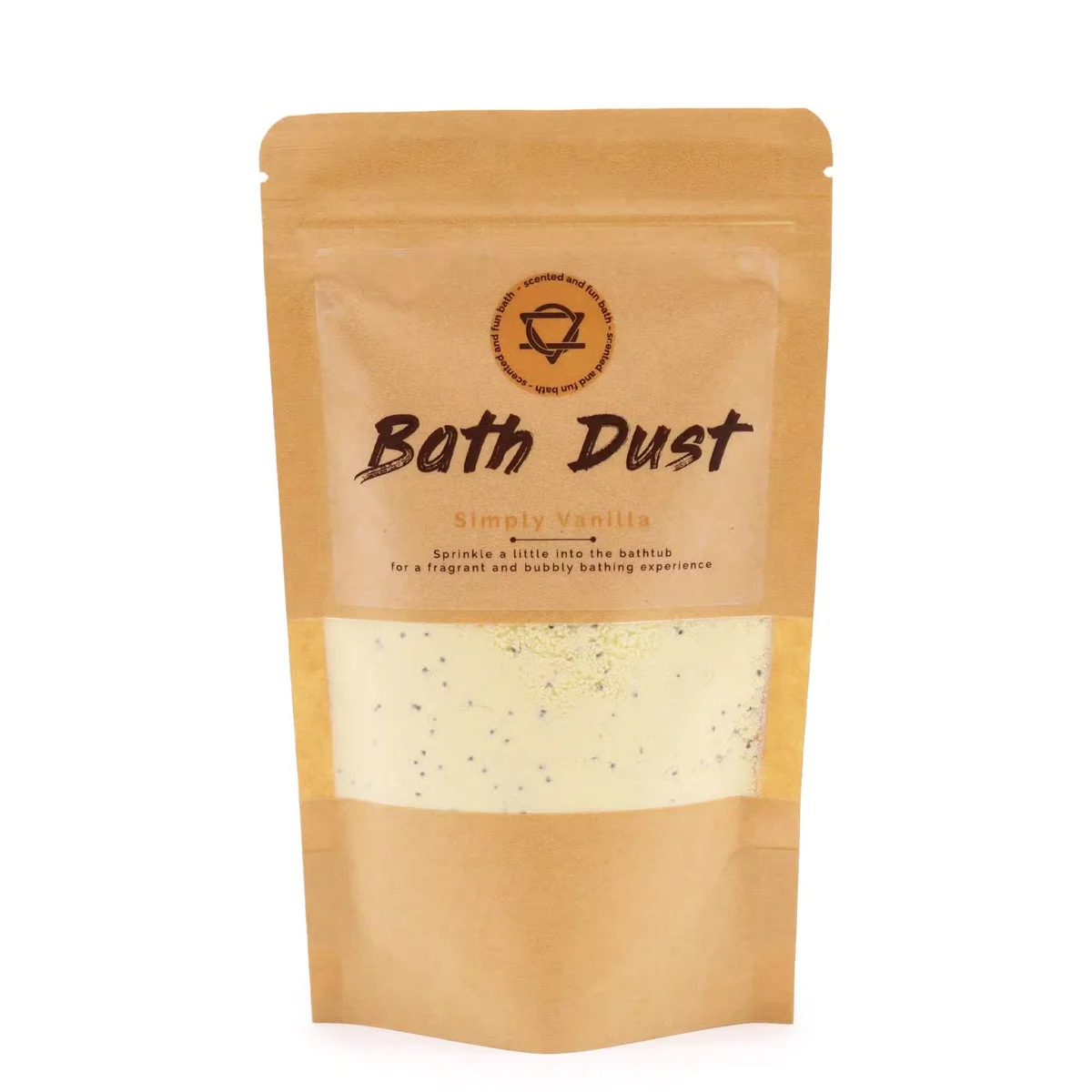 Simply Vanilla Bath Dust 190g container displayed with bath accessories UK on a white background