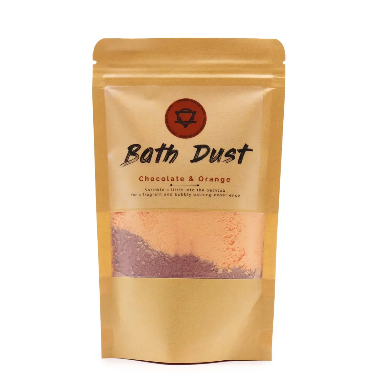 Chocolate & Orange Bath Dust 190g in clear jar with brown and orange label on white background