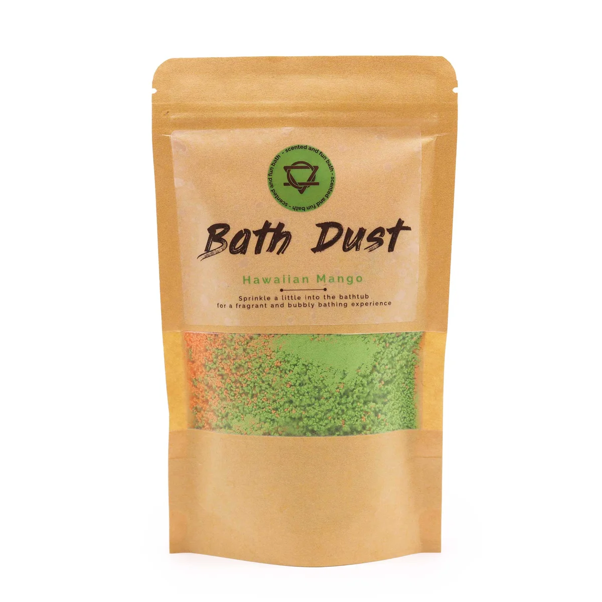190g container of mango scented bath dust with tropical Hawaiian mango design on label