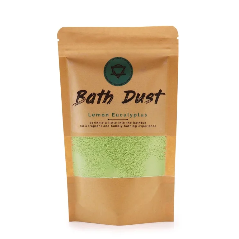 Lemon eucalyptus bath dust 190g in a green jar with yellow accents and a white label.