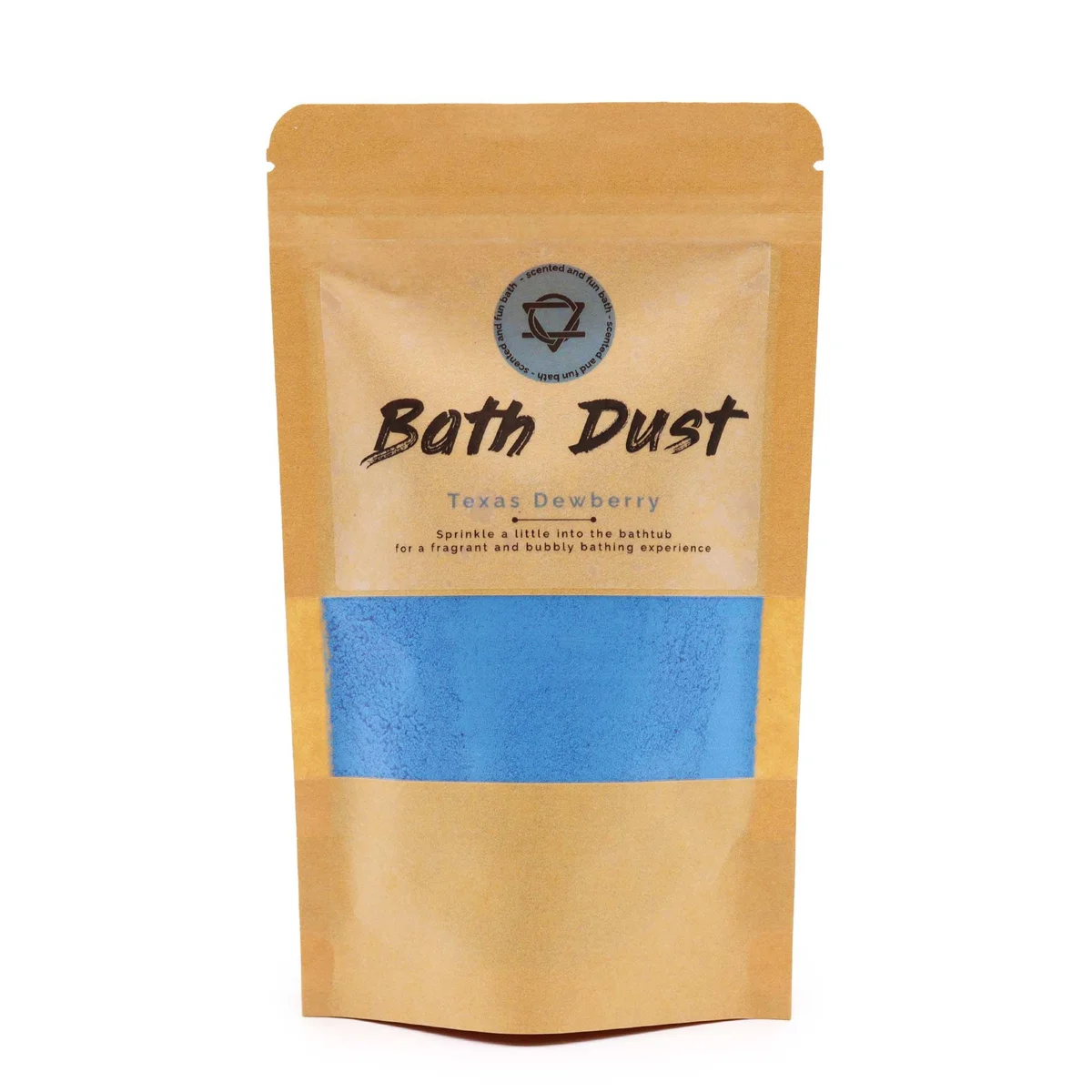 190g jar of Texas Dewberry bath dust with purple label and natural bath product packaging
