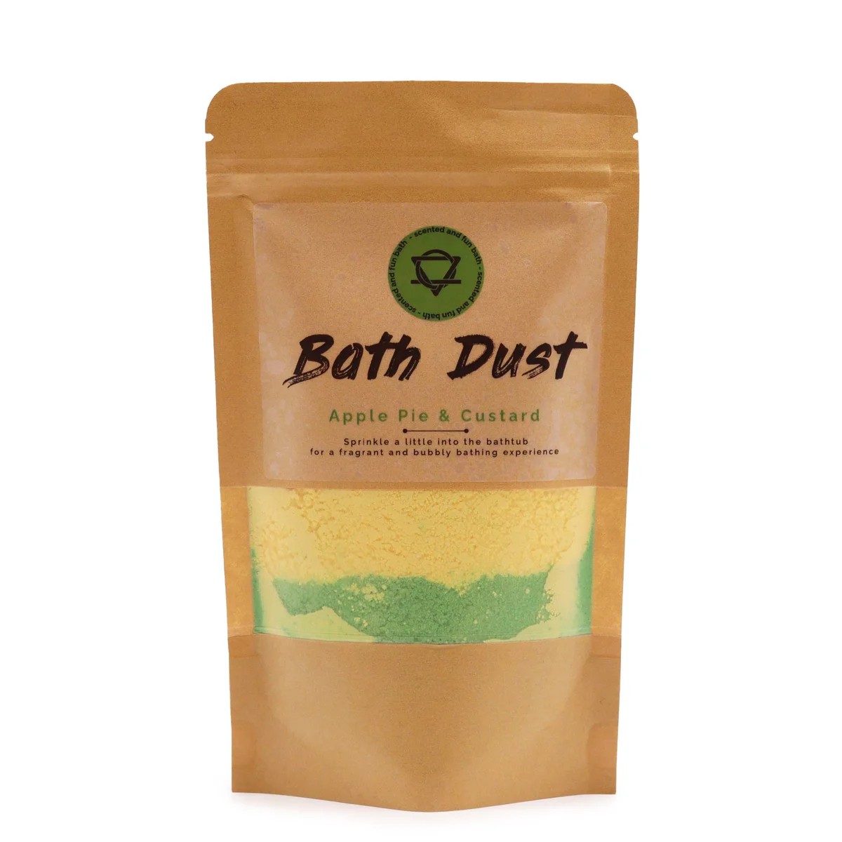 Jar of Apple Pie & Custard Bath Dust 190g with creamy yellow bath dust inside on a white background