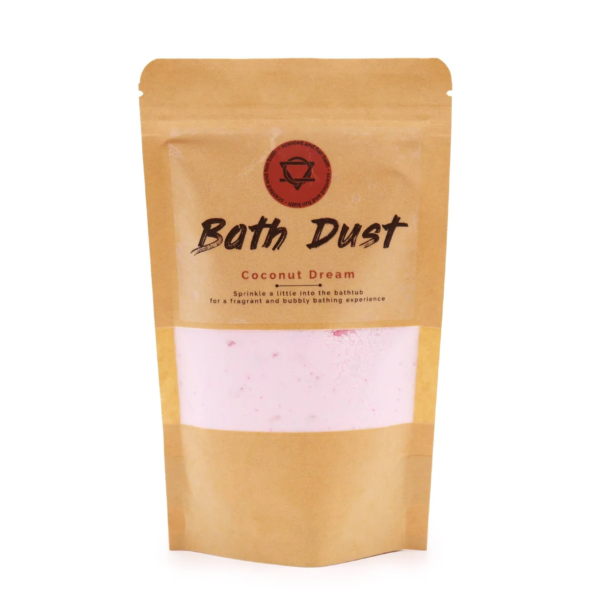 190g jar of Coconut Dream coconut bath dust with white and beige packaging on a plain background