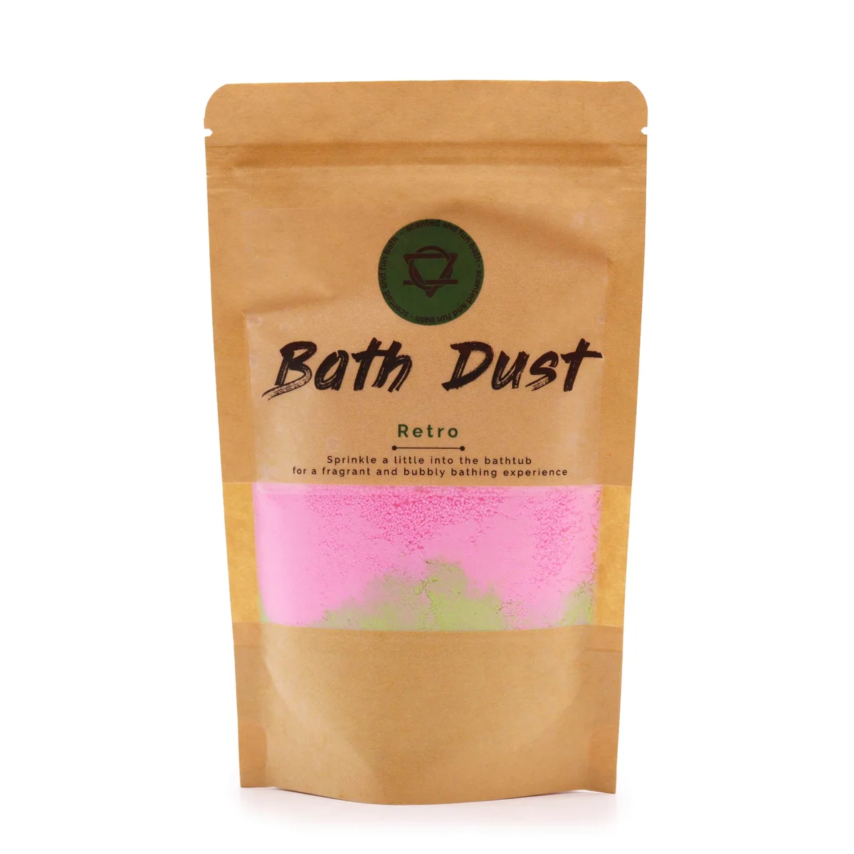 Retro Bath Dust 190g jar with label, a bath body product for relaxing baths, shown on a plain background