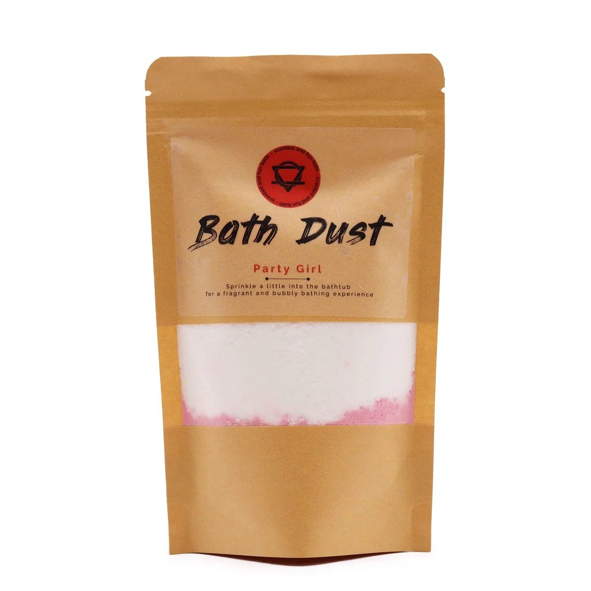 Party Girl Bath Dust 190g in a clear jar with a pink label on a white background