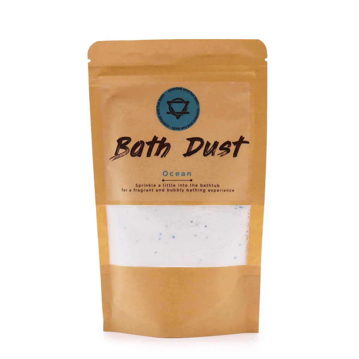 Container of Ocean Bath Dust 190g with blue and white label on a plain background
