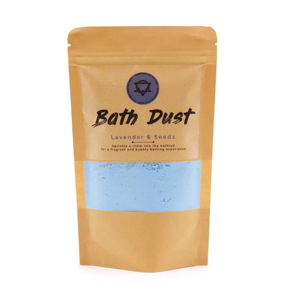 Lavender & Seeds Bath Dust 190g jar with purple label, highlighting relaxing bath dust for soothing baths