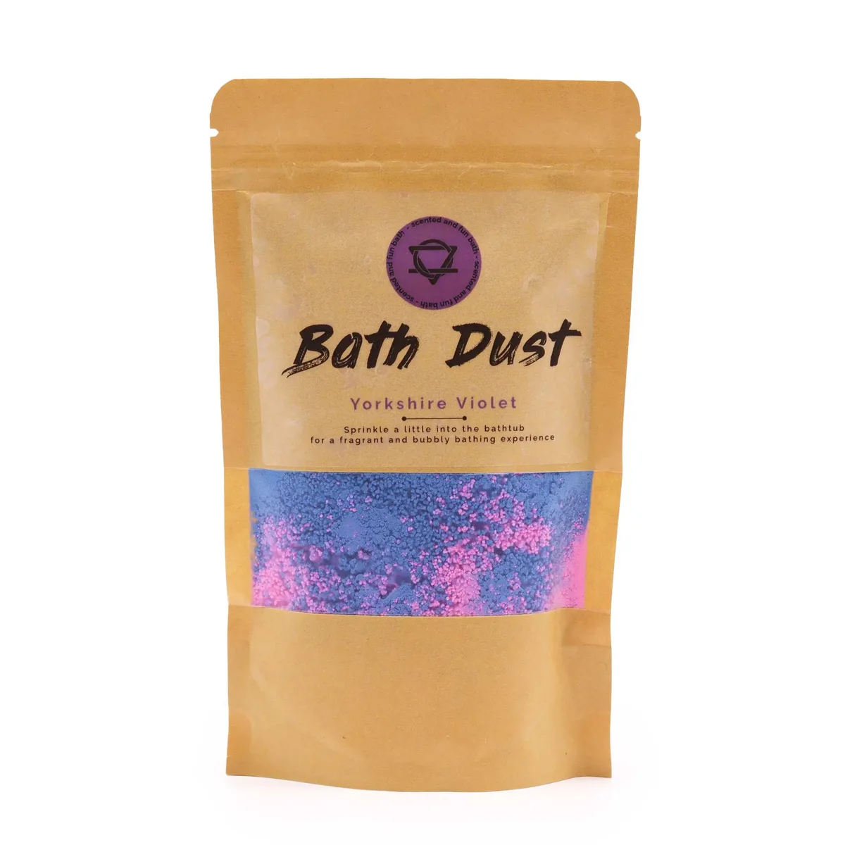 Yorkshire Violet Bath Dust 190g container with violet-themed packaging on a white background