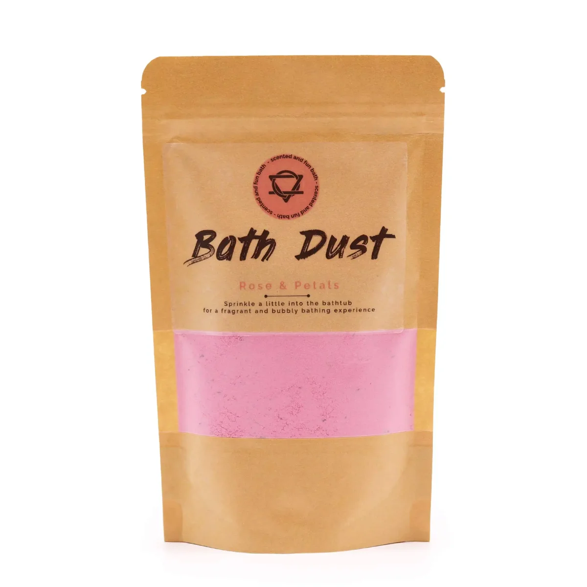 Jar of Rose & Petals bath dust 190g with pink floral design on label against a white background