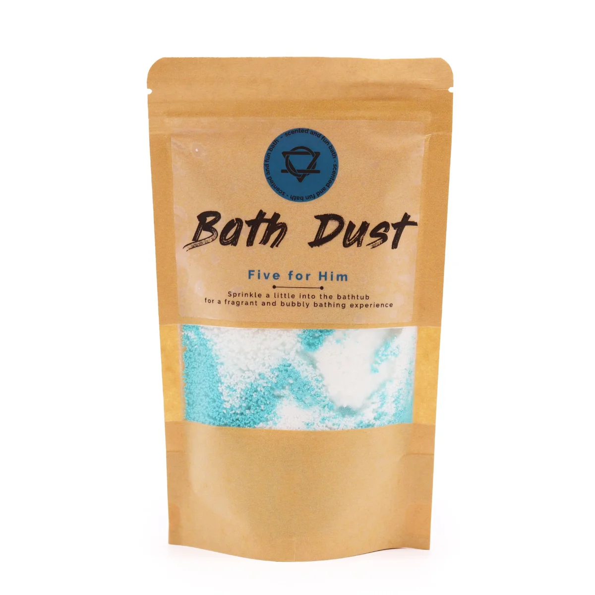 Five for Him Bath Dust 190g container with label, bath dust for him, on plain background
