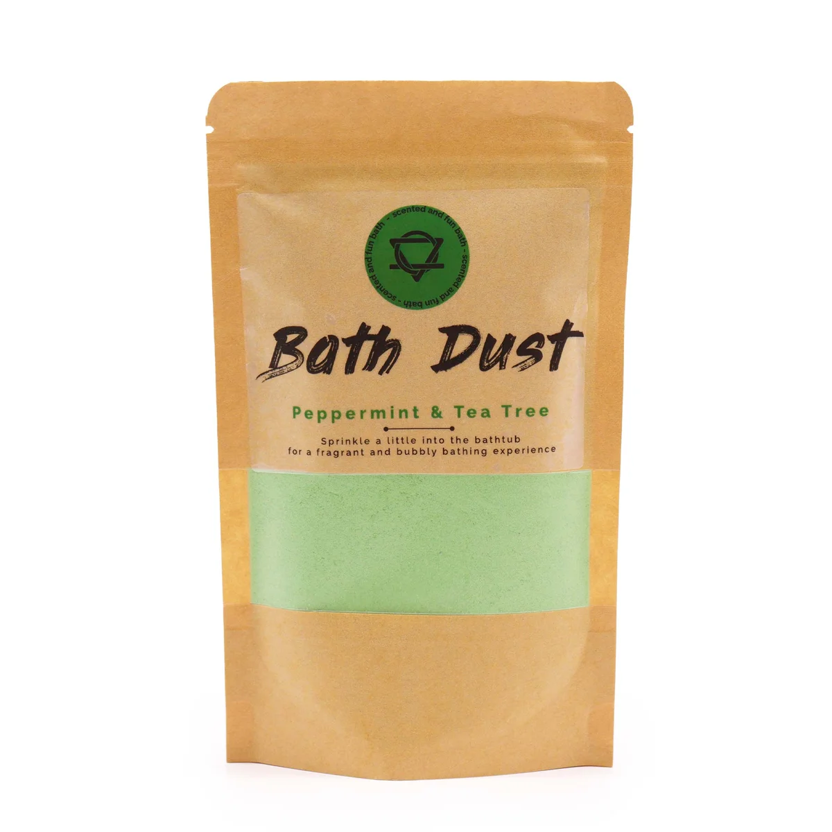 Peppermint & Tea Tree Bath Dust 190g container with green label highlighting tea tree bath dust benefits
