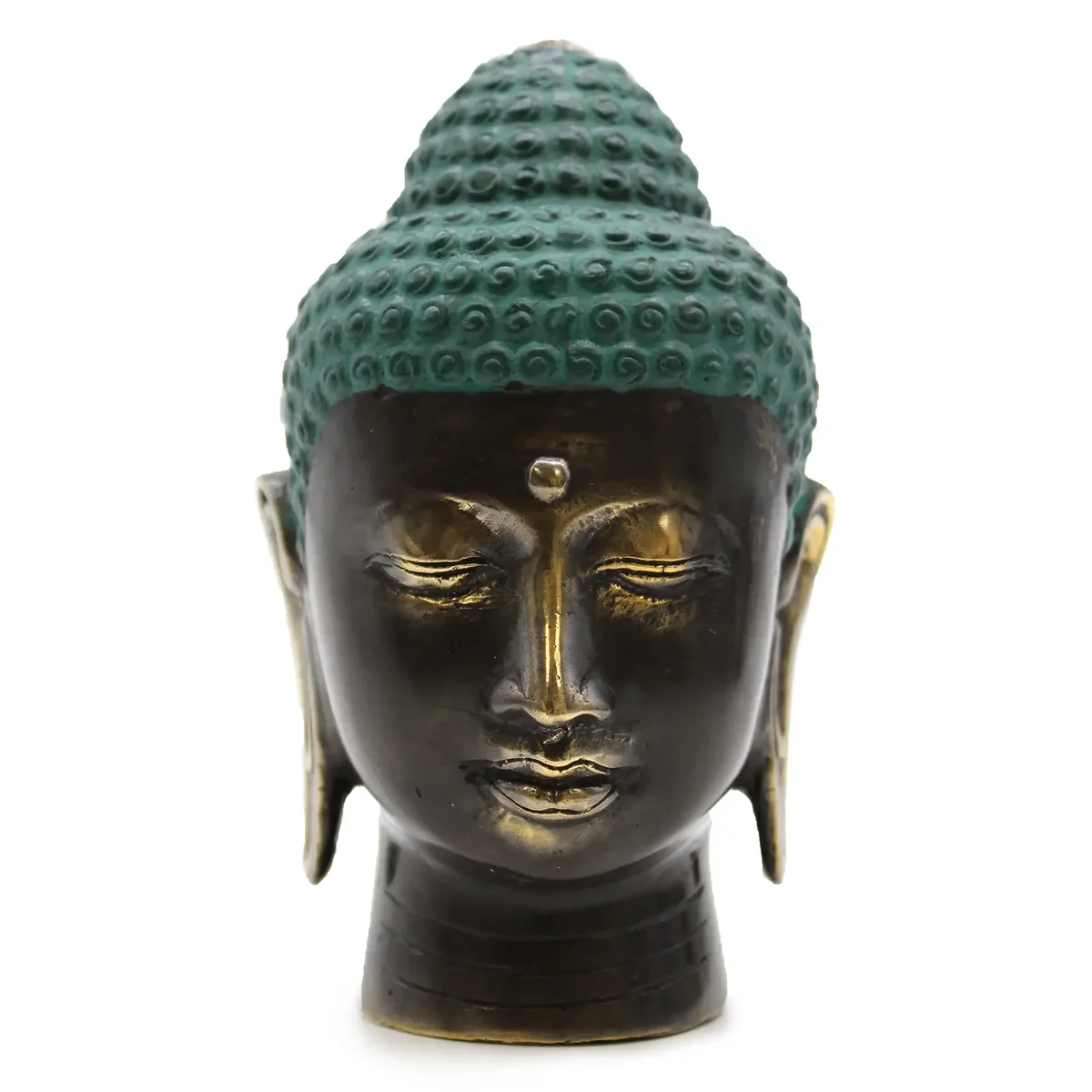 Large antique brass Buddha sculpture head with detailed facial features and serene expression on plain background