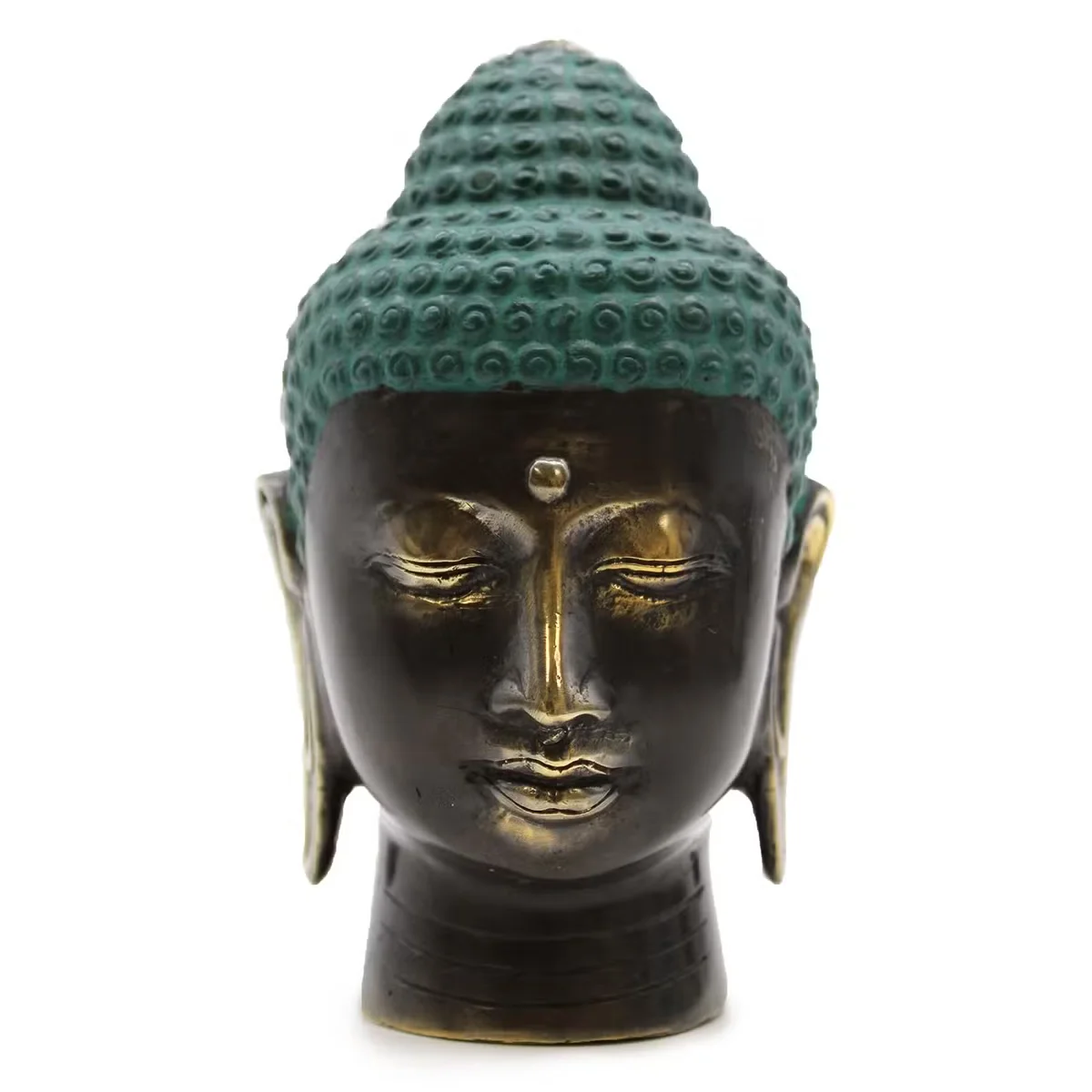 Large antique brass Buddha head figurine with detailed facial features and textured surface, shown from the front angle