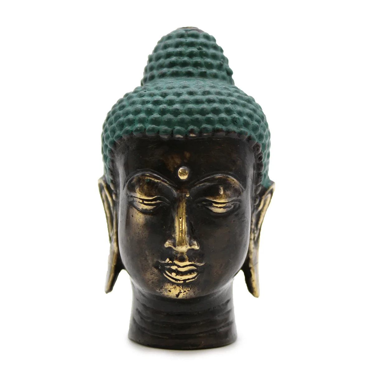 Small antique brass Buddha head figurine with detailed facial features and textured hair curls on a plain background