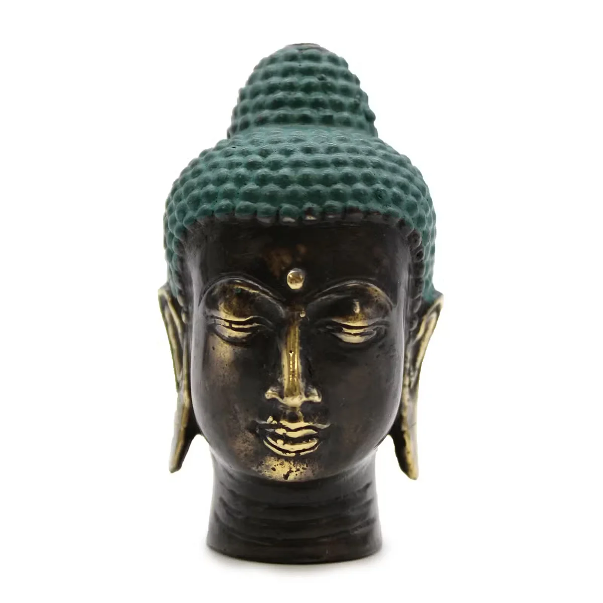 Small antique brass Buddha head decor showing detailed facial features and textured hair on a plain background