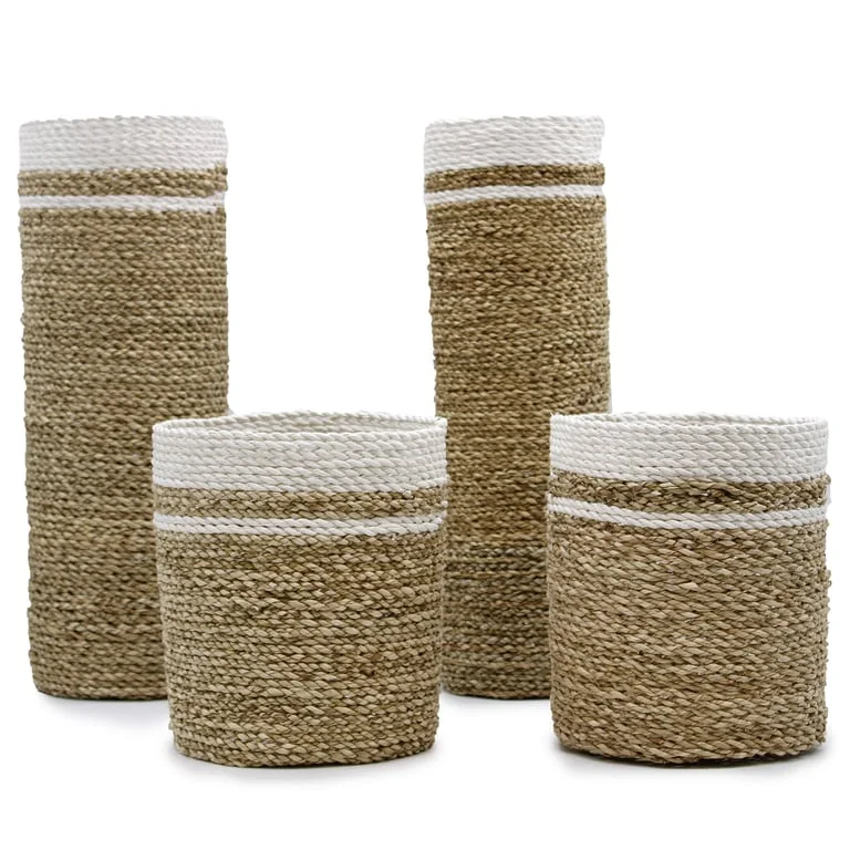 Seagrass vase set featuring two vases and two bins displayed together.