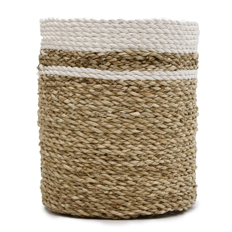 Two seagrass vases and two matching bins displayed together as a 2 vase set