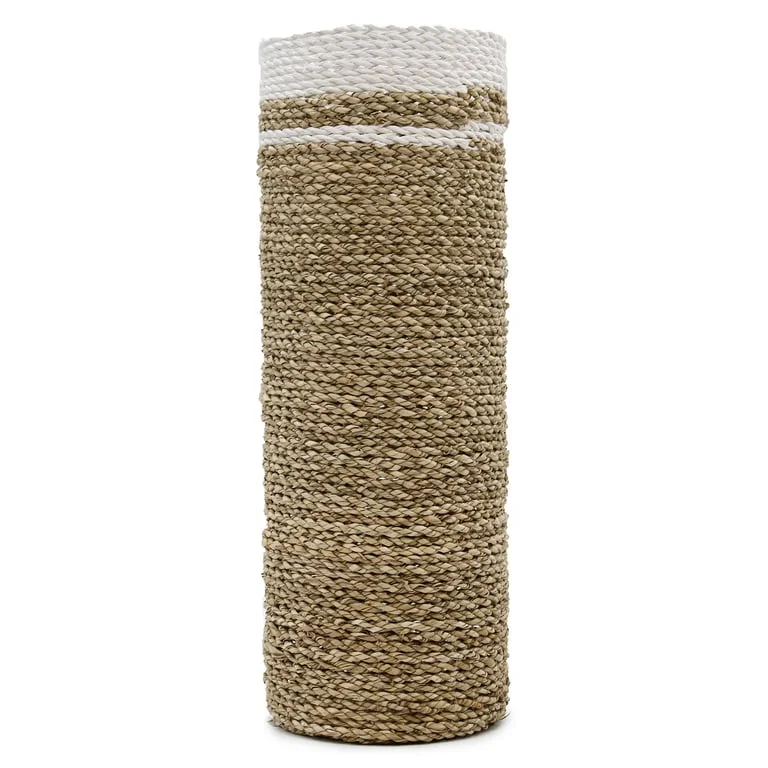 Two seagrass vases and two matching seagrass storage bins displayed together