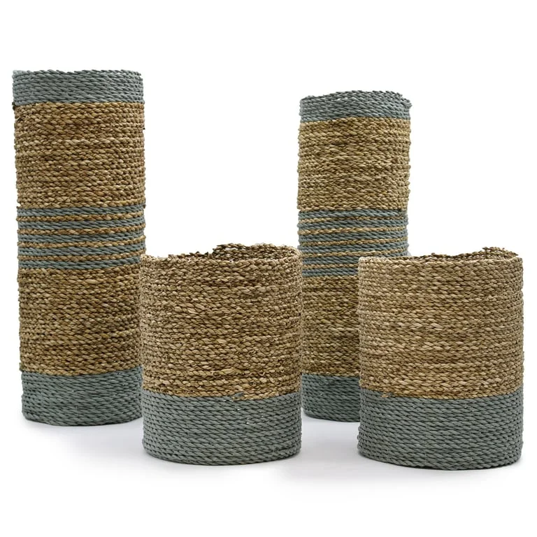Seagrass vase set featuring two vases and two decorative bins in natural raffia