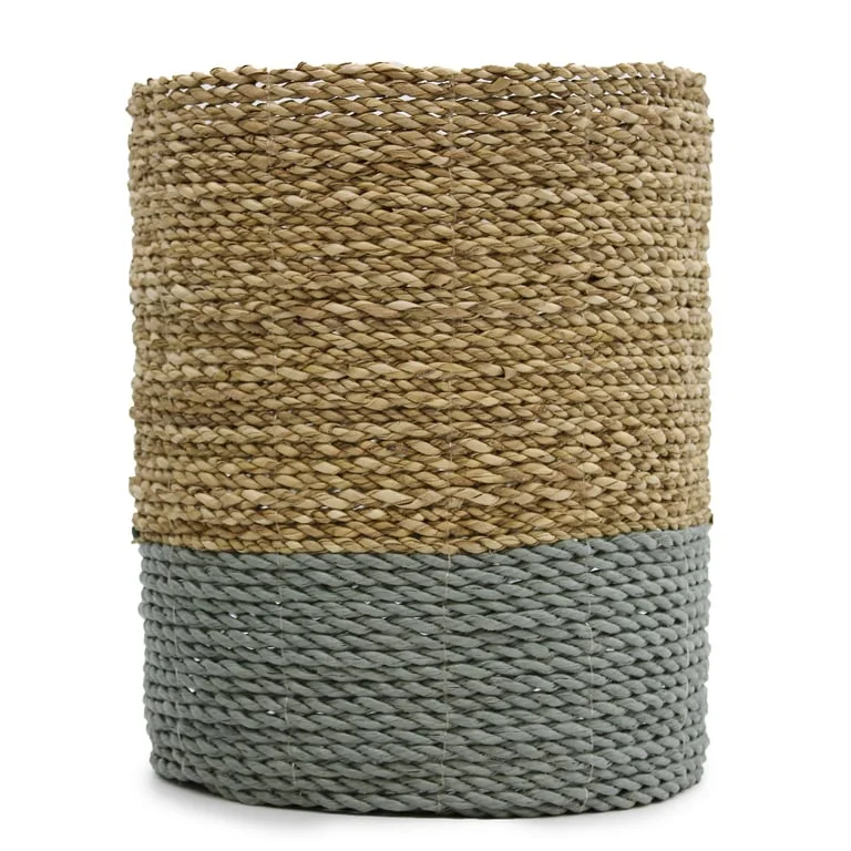 Seagrass bins set with two natural raffia vases, displayed together on a neutral background.