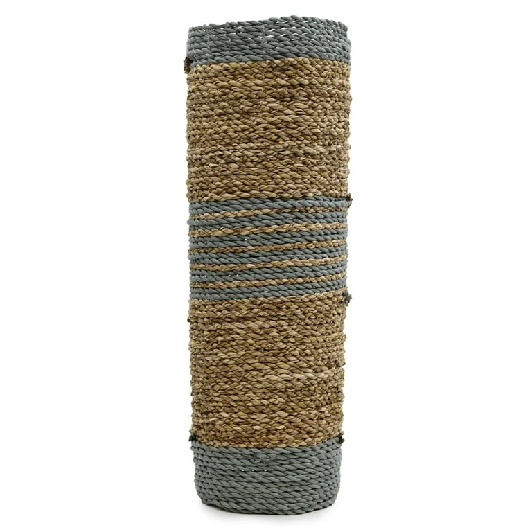 Set of two seagrass and abu-abu raffia vases and two matching bins, showcased as home decor vases.