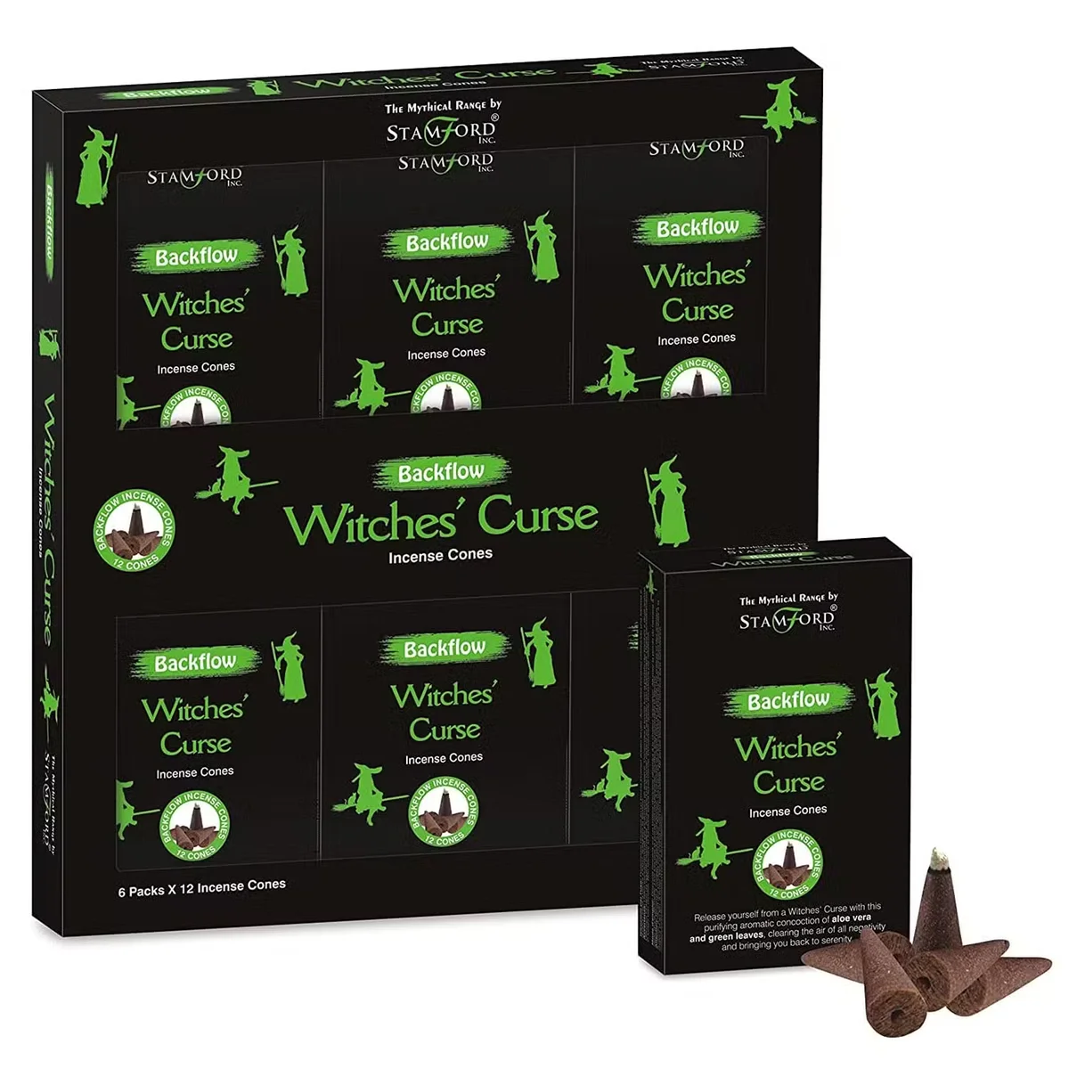 Mythical novelty gift featuring Witch Curse backflow cones on a wooden background
