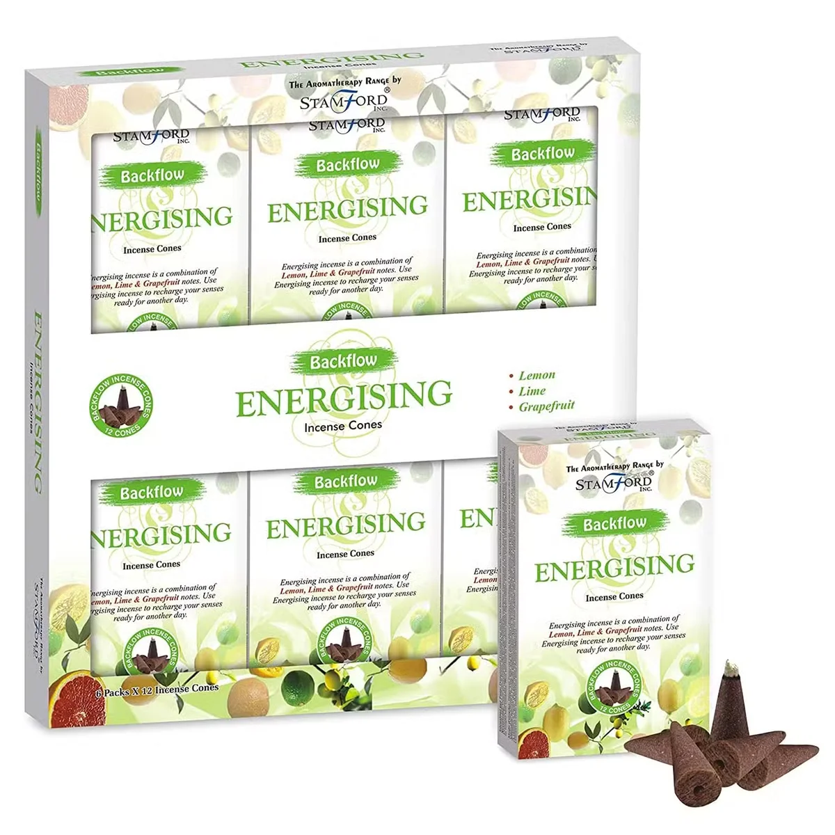 Energising essential oil cones displayed in clear plastic container.