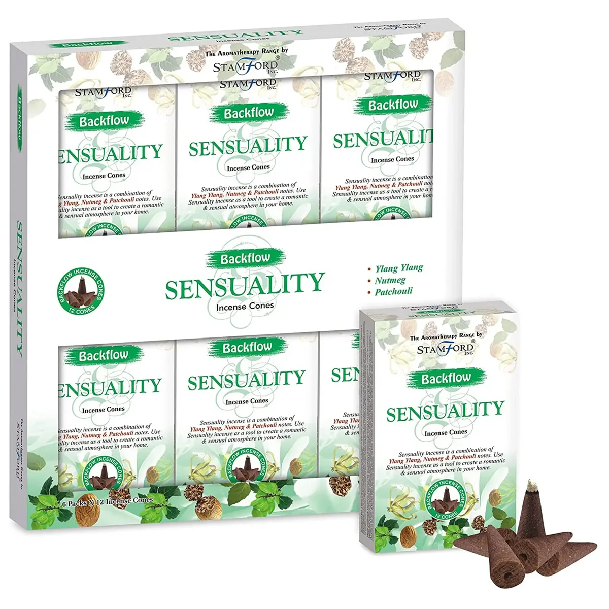 Sensuality aromatherapy backflow incense cones displayed.