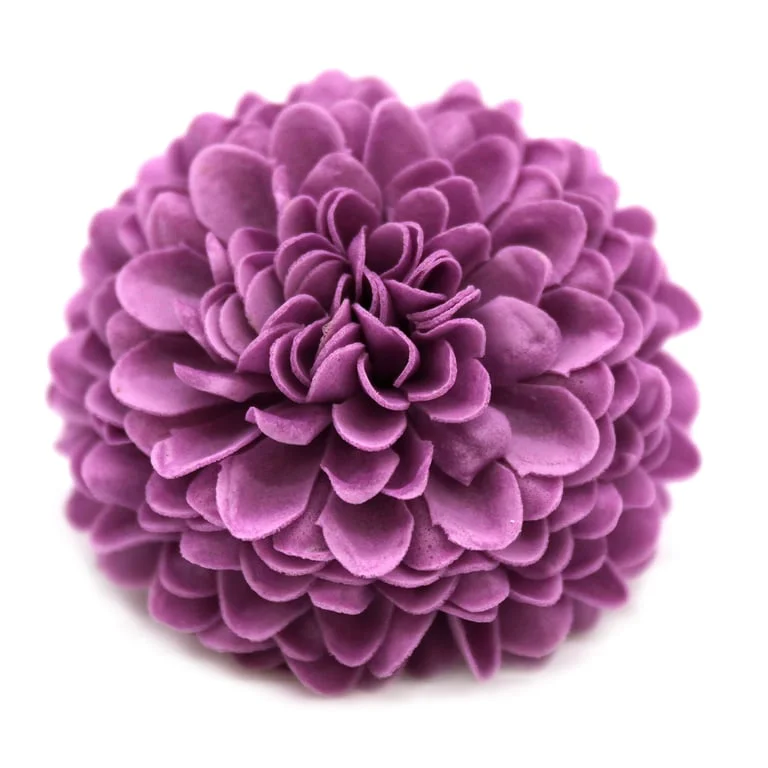 Purple craft soap flower shaped like a small chrysanthemum, with petal‑like curls and a central core.