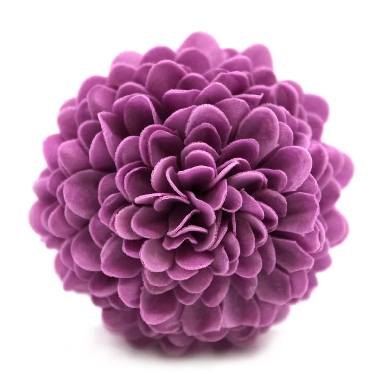 decorative soap flower in purple, shaped like a small chrysanthemum