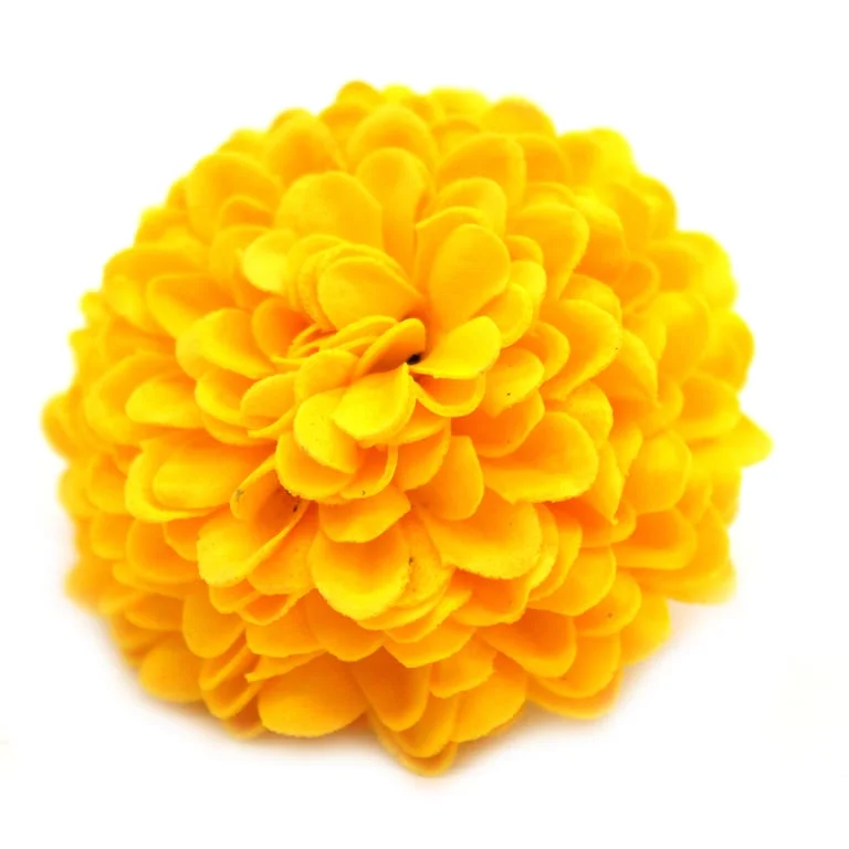 Craft soap flower shaped like a small yellow chrysanthemum with delicate petals arranged beautifully.