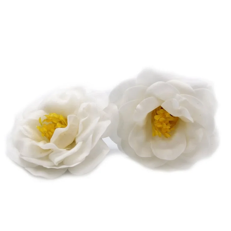 White camellia craft soap flower displayed in a glass jar