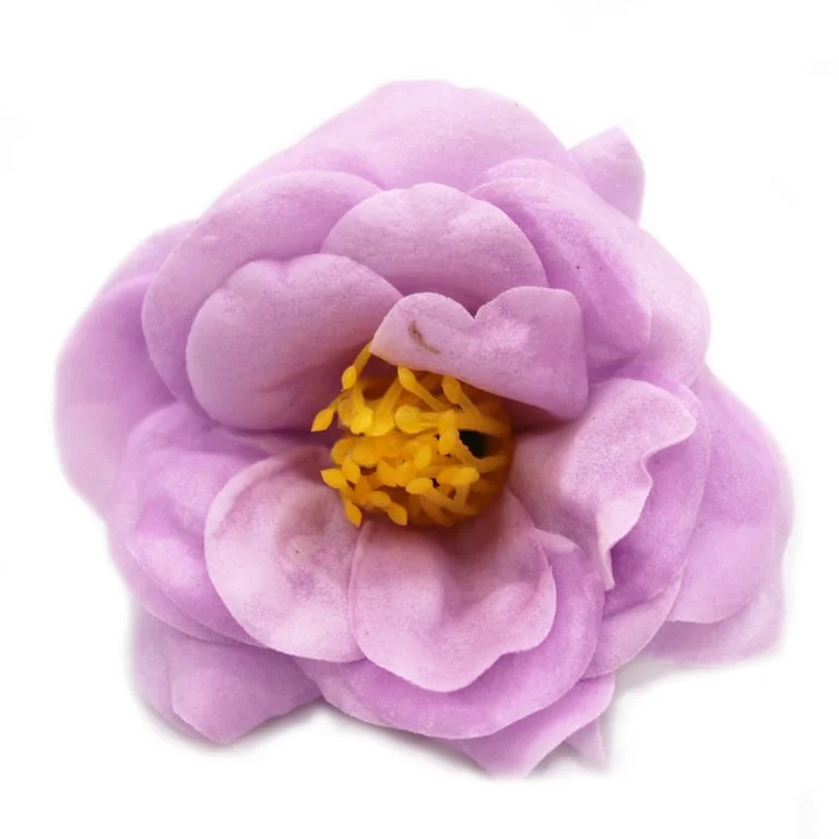 Craft soap flower shaped like a light purple camellia.