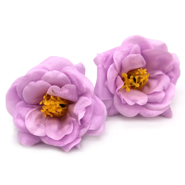 Light purple camellia soap flower, hand‑crafted soap excenter in a delicate flower shape.