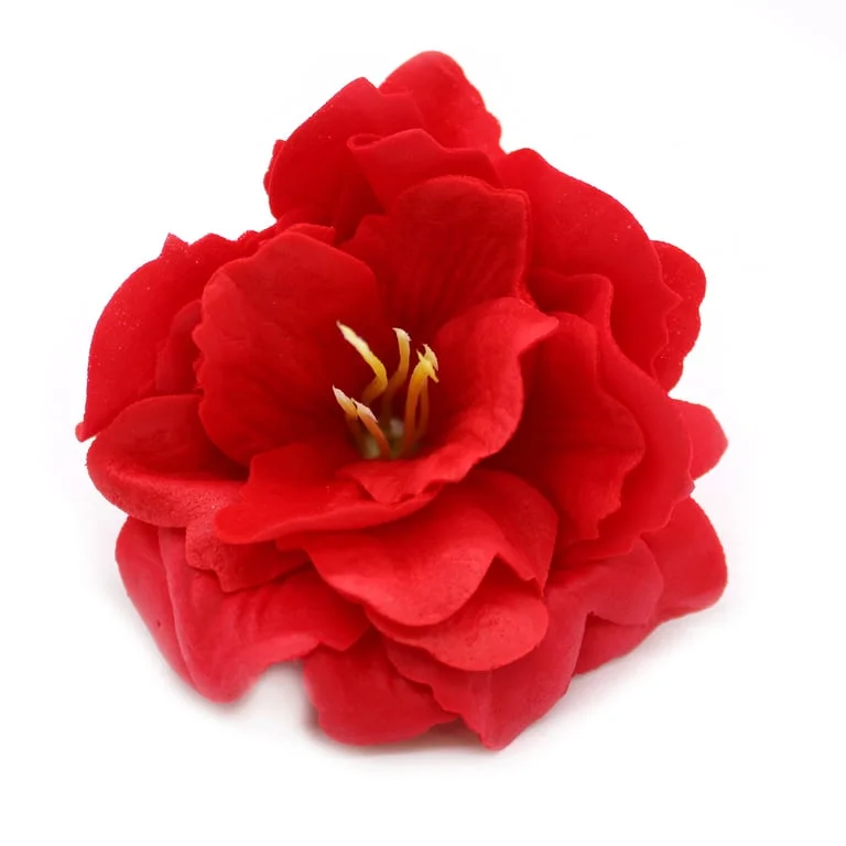 Red small peony craft soap flower in a bathroom setting