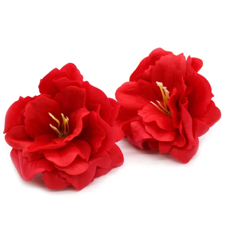 Red handcrafted small peony soap with intricate petals and a polished finish.
