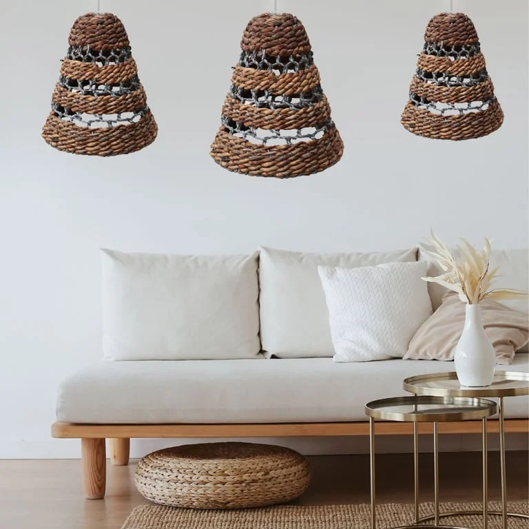 Set of 3 natural banana leaf lamp shades displayed together.