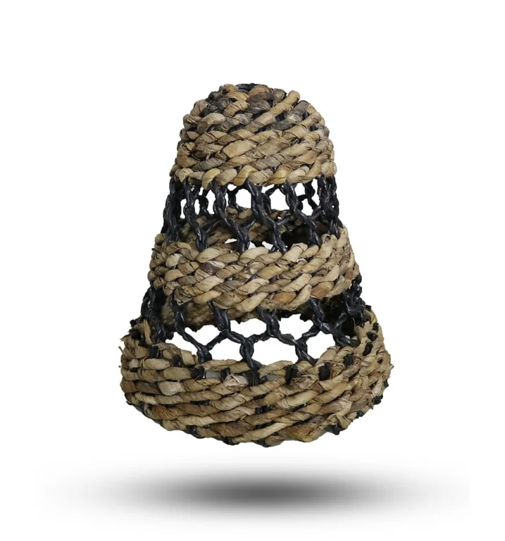 Set of three natural lamp shades featuring banana leaf pattern and raffia accents.