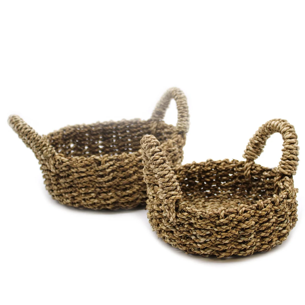 Two natural seagrass baskets displayed side by side.