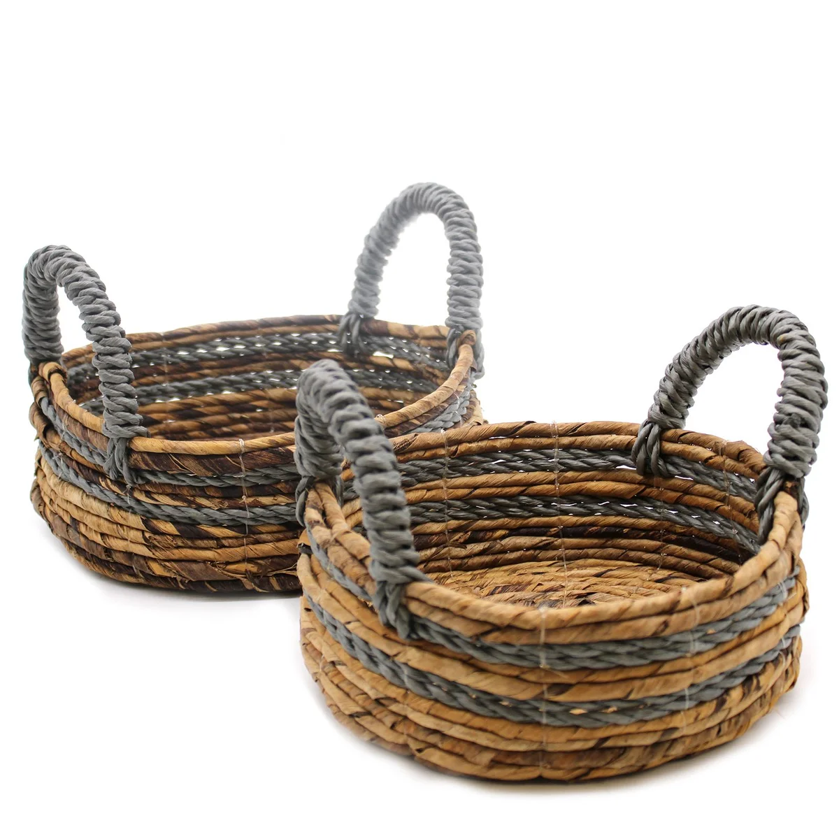 Banana leaf basket set of 2 with woven banana leaf and black raffia baskets.