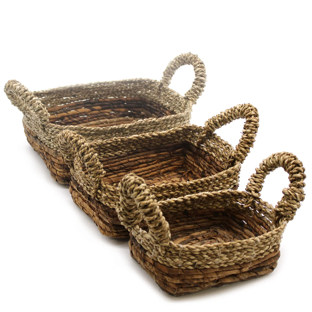 Set of three square storage baskets made from banana leaf and seagrass