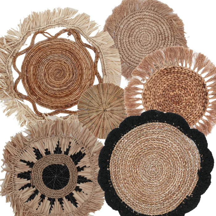 Set of six natural wall art set from Kribo Collection displayed on neutral wall