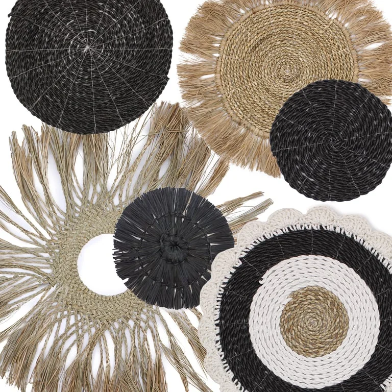 Six natural wall art pieces from the Abu‑Abu collection displayed together as a set.