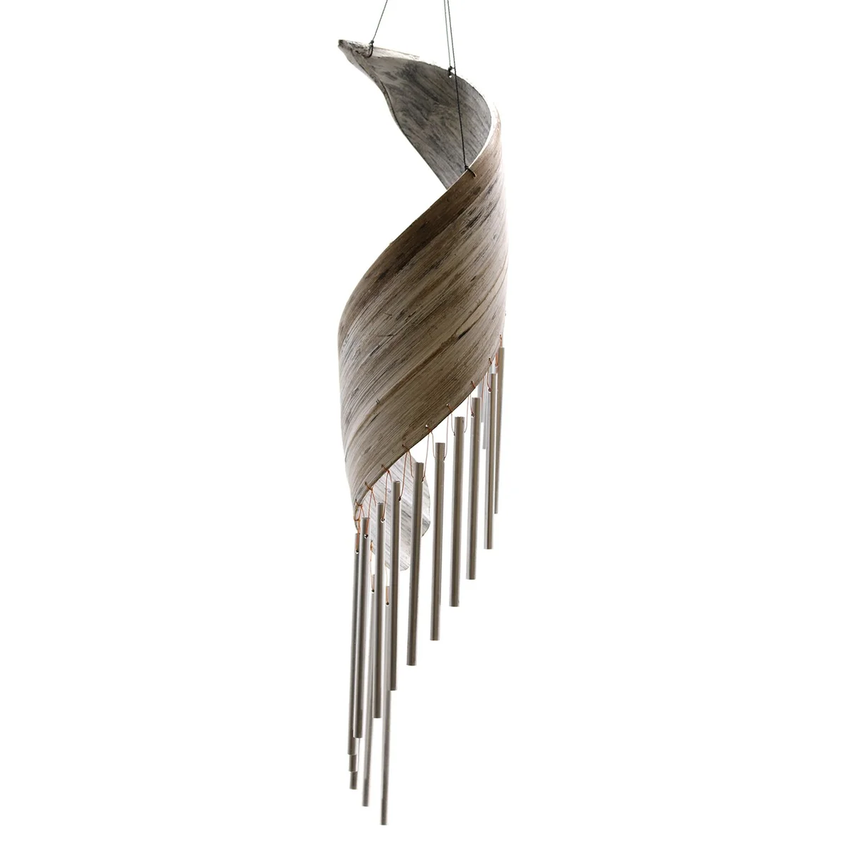 Whitewash coconut leaf wind chimes hanging with multiple leaf-shaped pieces and natural tones on display
