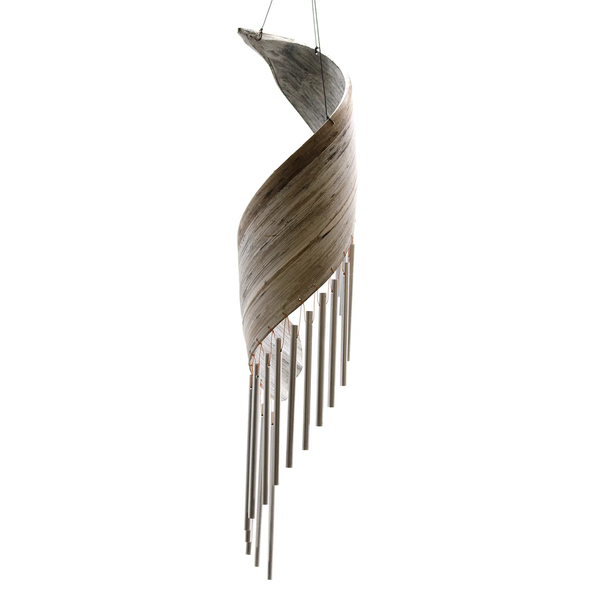 Whitewashed coconut leaf wind chimes hanging outdoors, ideal outdoor garden chimes for decoration and sound