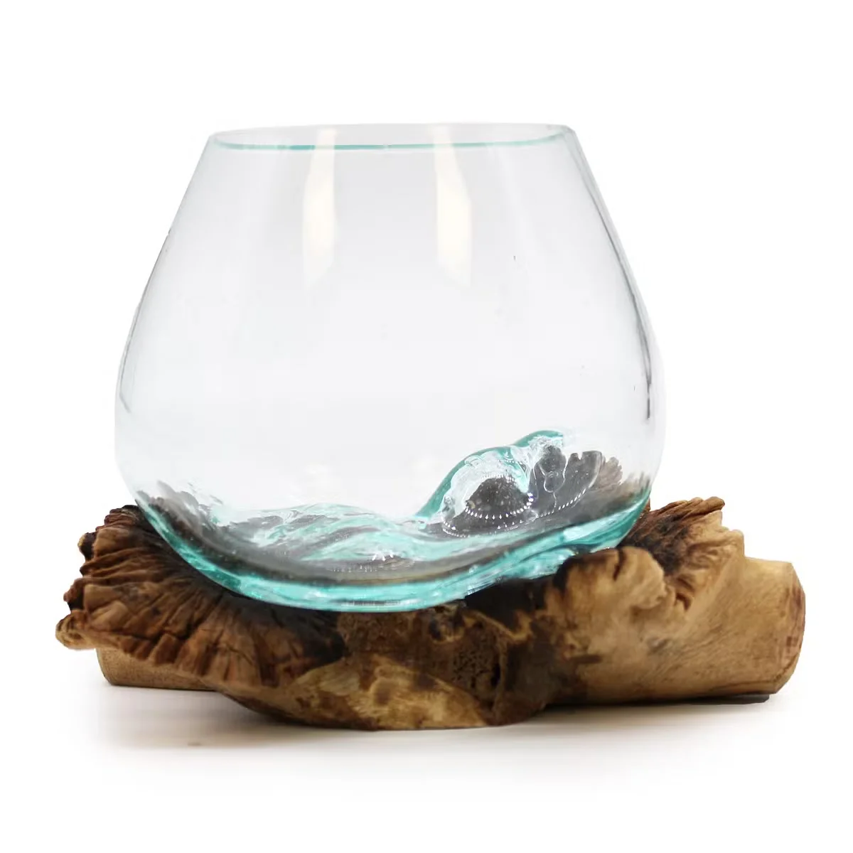 Molten glass art fused on rare parasite wood creating a unique home ornament with natural textures and vibrant colors