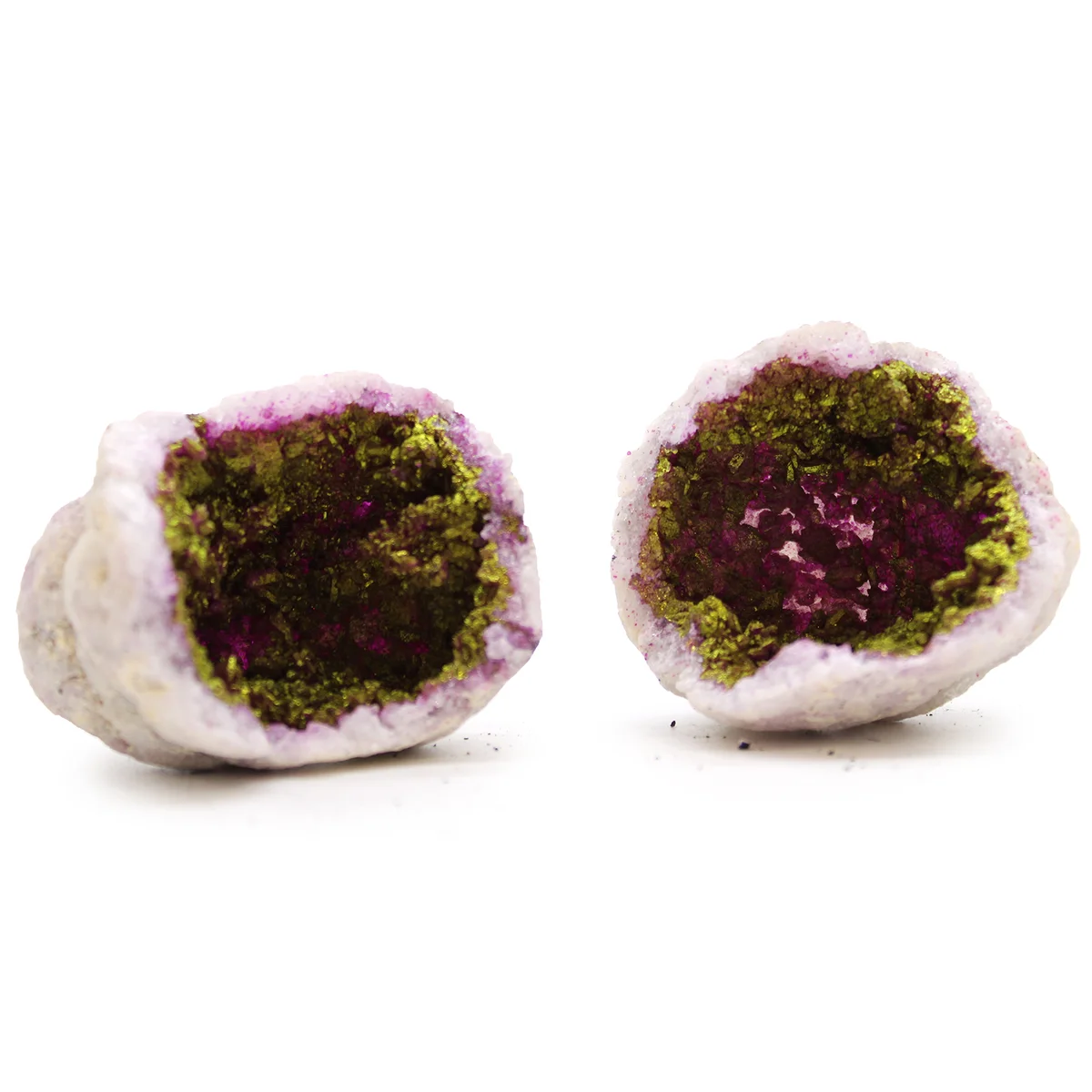 Two pink and gold geodes showing natural rock formations with sparkling crystal interiors on a white background