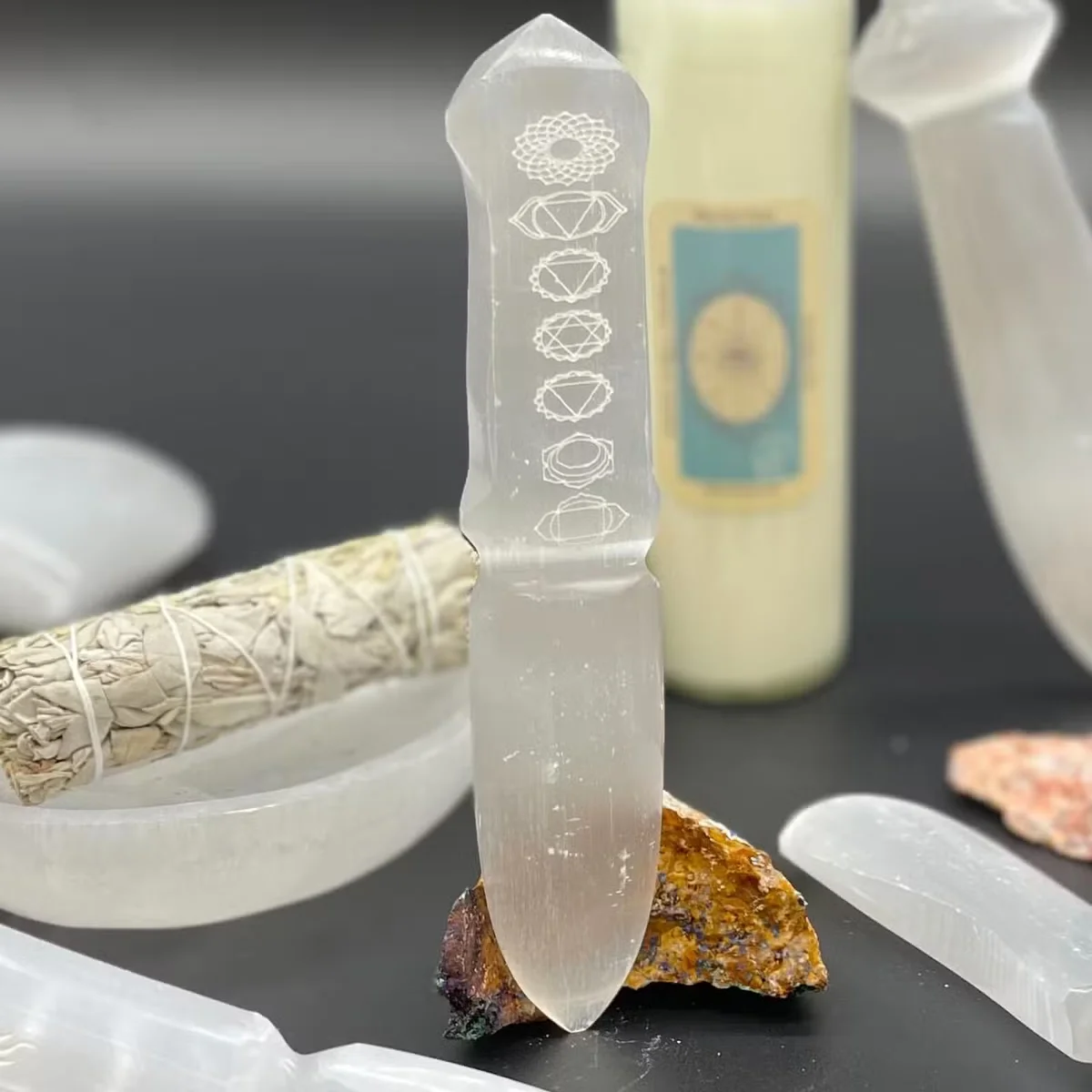 Selenite ritual knife with chakra engraving, a spiritual decor knife used for energy cleansing and rituals