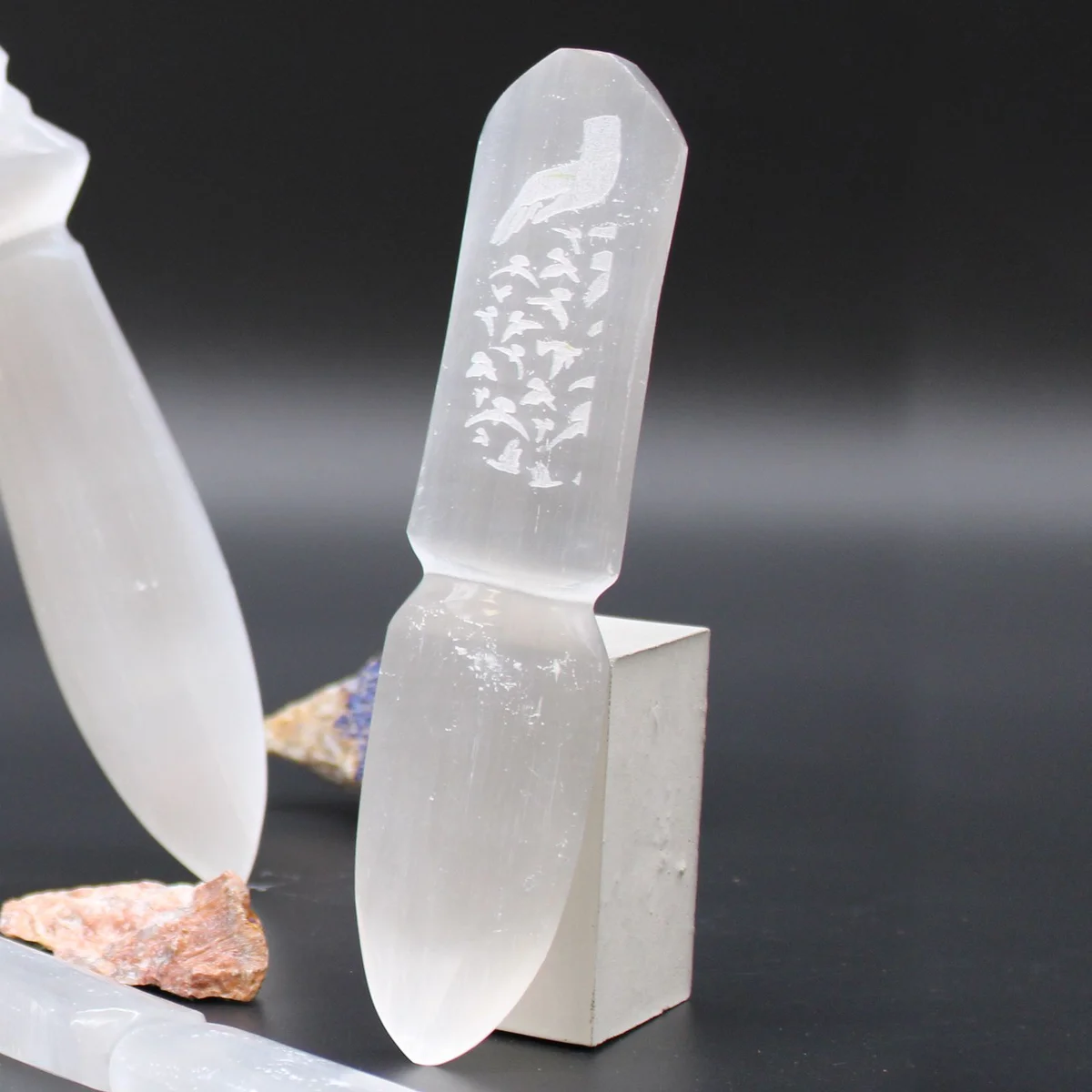 Selenite ritual knife with smooth white crystal blade designed for releasing bonds and spiritual rituals